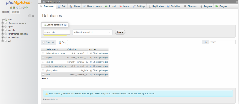 ทำการสร้างฐานข้อมูลที่ phpmyadmin